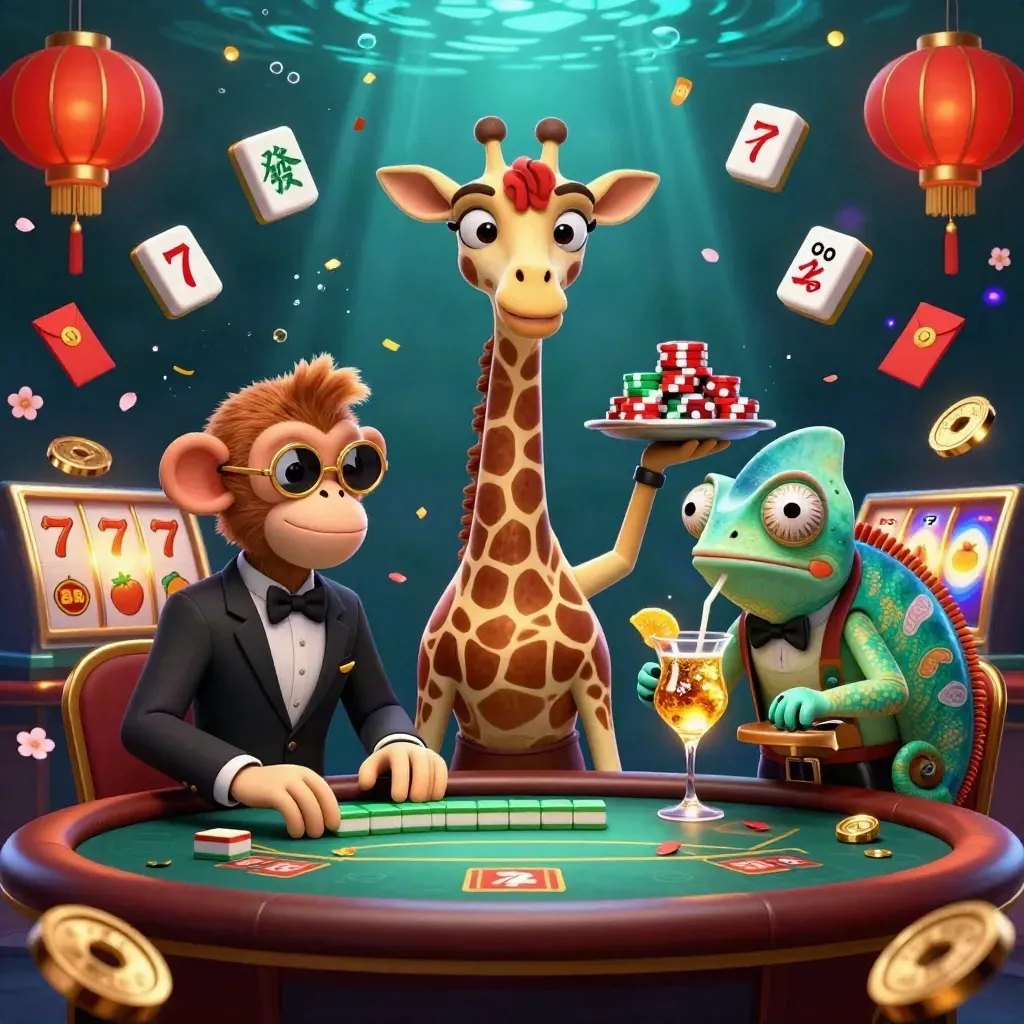 Giraffe, monkey, and chameleon at a glowing VIP poker table with jade coins and casino effects