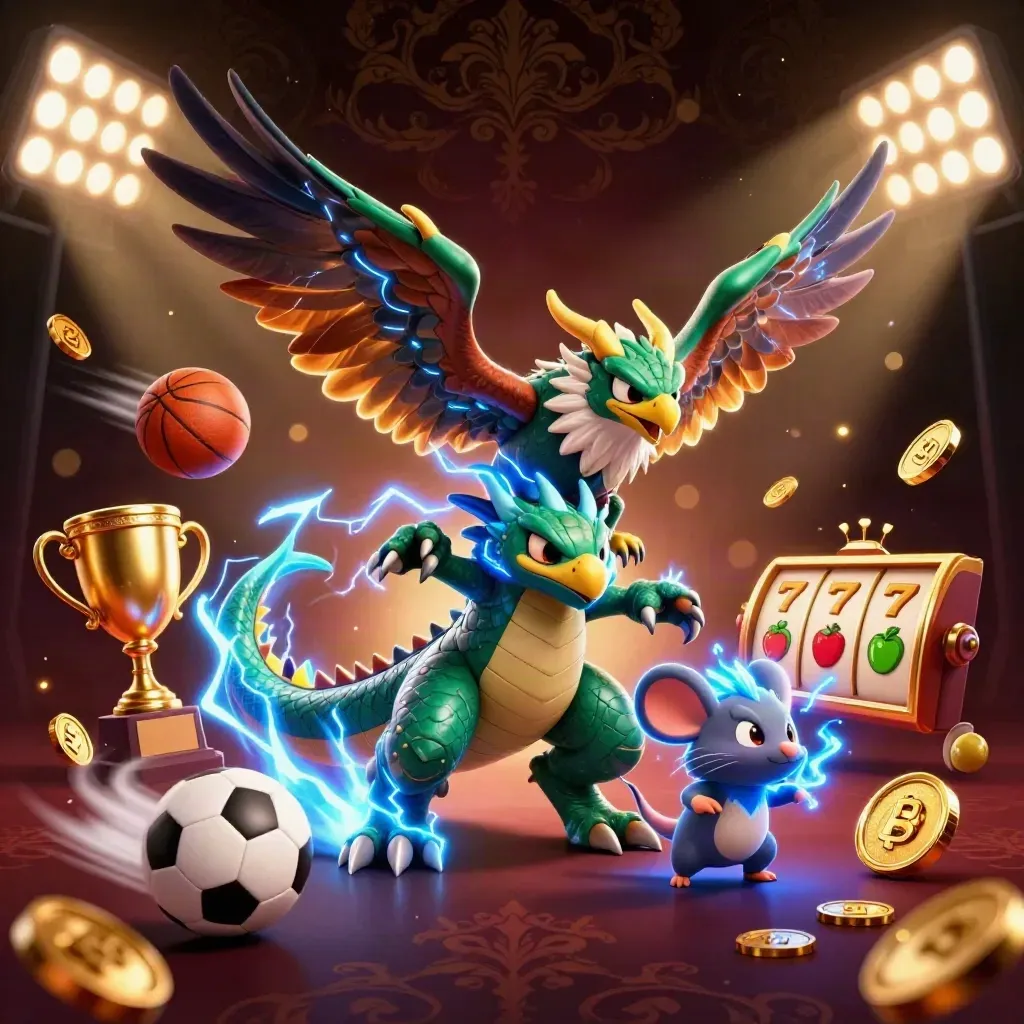 Thunder dragon, wind hawk, and static mouse amid casino symbols, coins, and golden light.