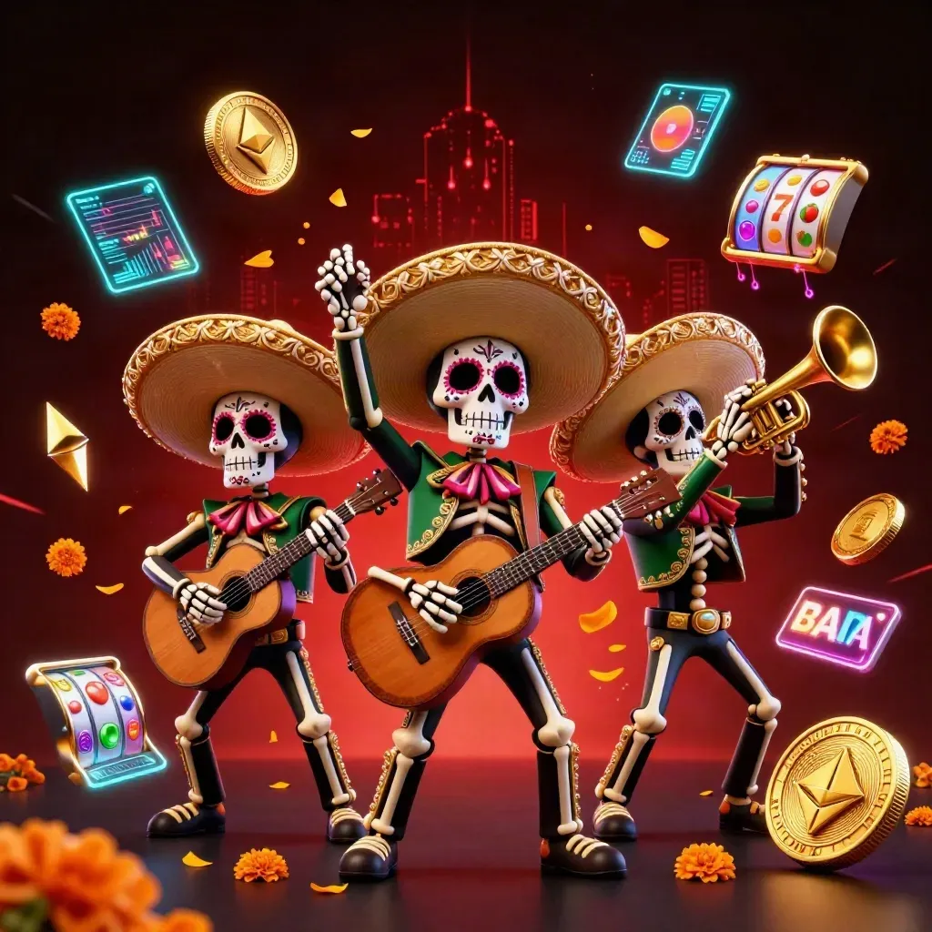 Skeleton mariachi trio amid casino symbols, glowing coins, and electric neon in a dark luxe scene