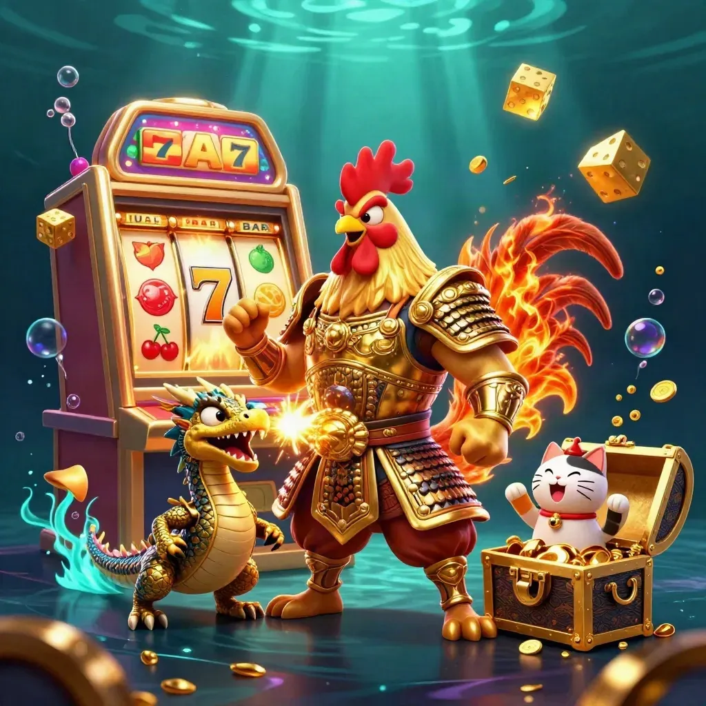 Rooster warrior, dragon hatchling and fortune cat burst from a slot machine underwater in luxe casino glow.