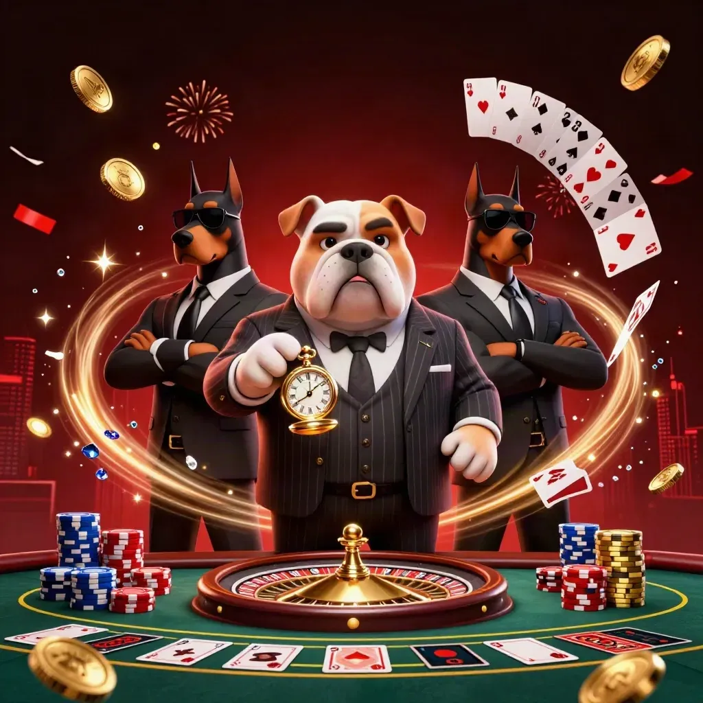 Bulldog boss with two Dobermans amid casino chips, coins, cards, roulette wheel, and glowing effects.