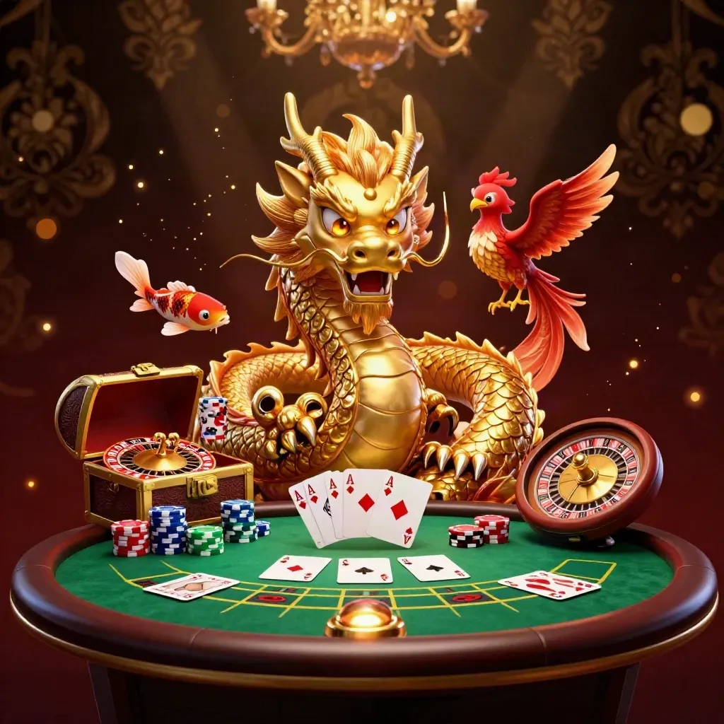 Golden dragon with phoenix and koi amid casino chips, cards and roulette glow.