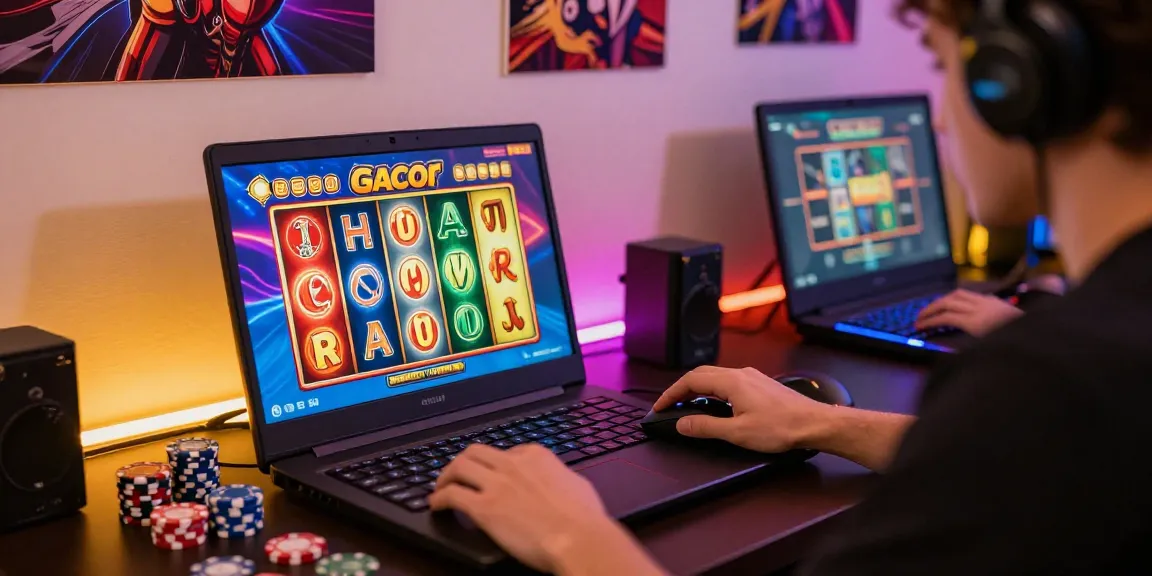 Player enjoying an exciting slot gacor session on a laptop, surrounded by gaming accessories in a vibrant setting.