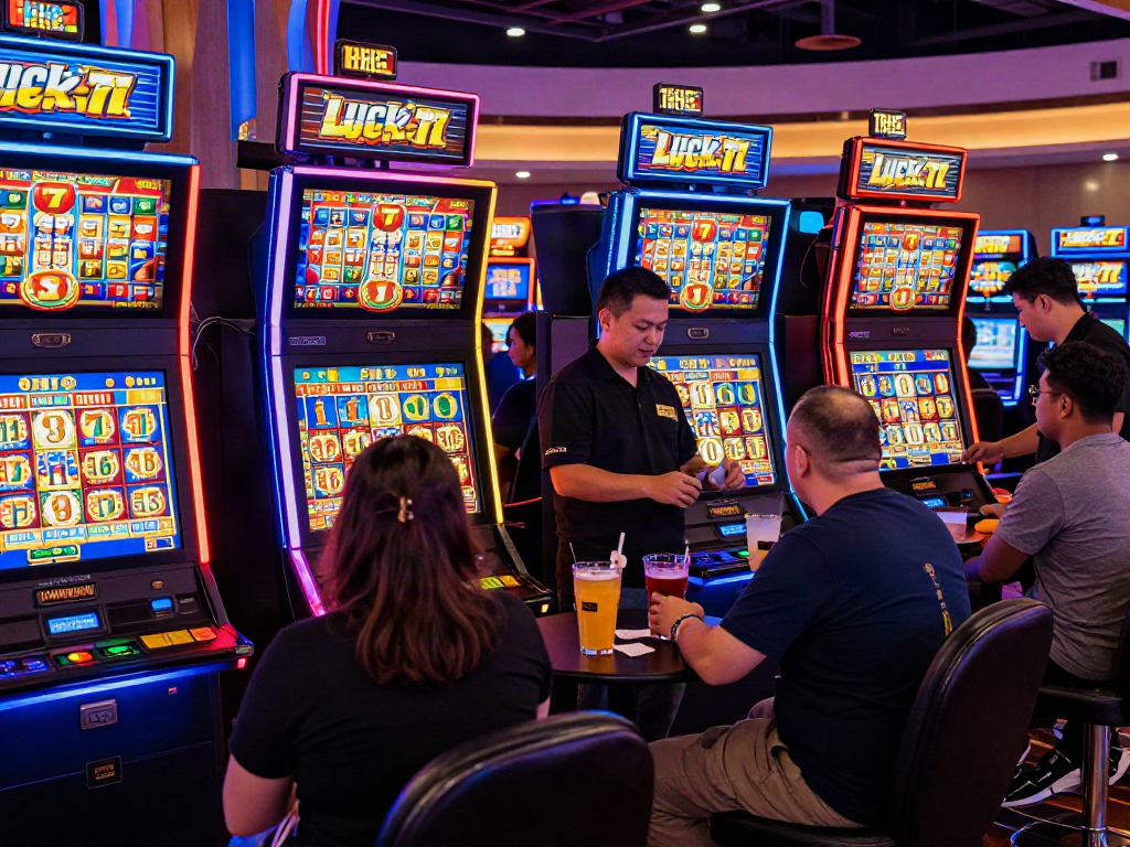 Thrilling Lucky777 casino scene with lively slot machines and excited players celebrating wins.