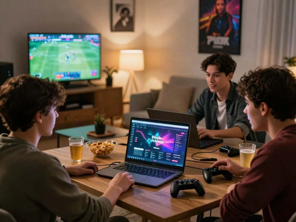 Friends enjoying gaming session using Playin exchange on laptop with snacks and drinks in cozy evening setting.