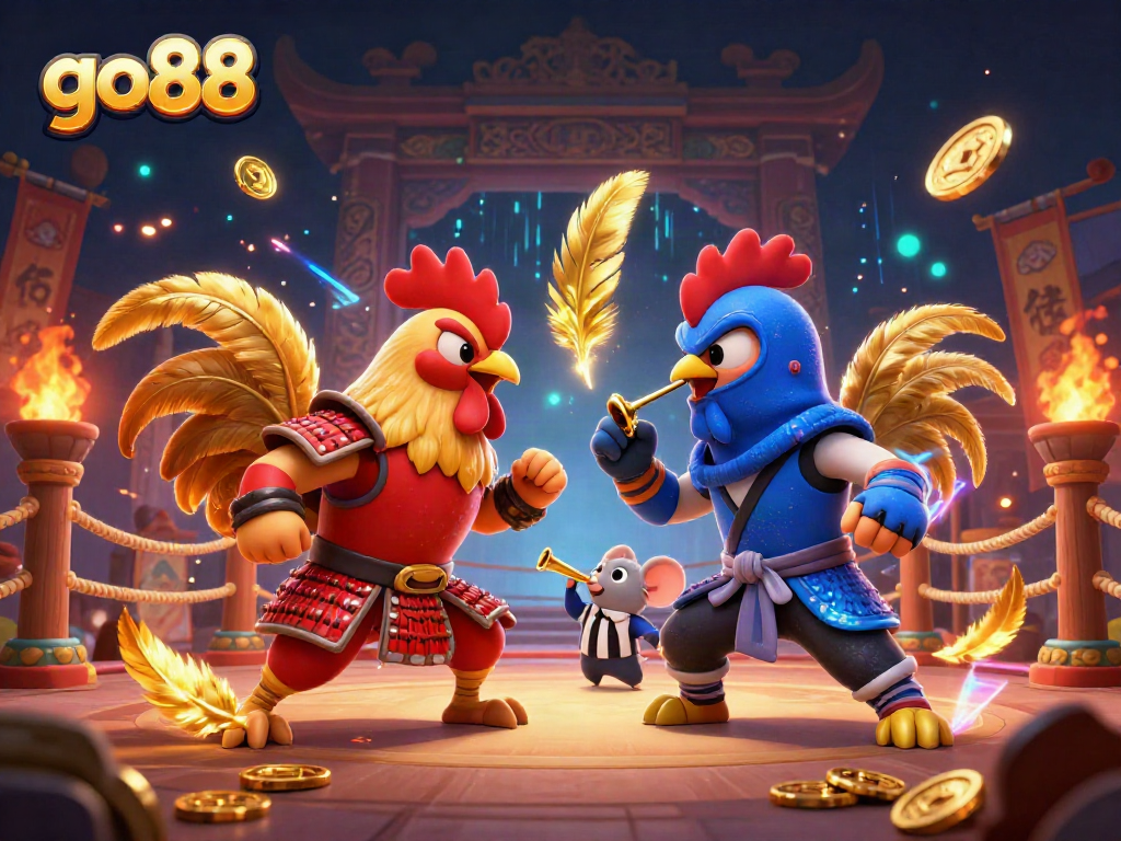 Engage with go88's thrilling gaming atmosphere featuring vibrant fighting roosters and dynamic elements.