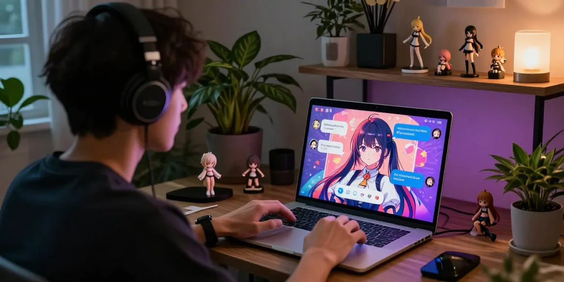 Engaging hentai chat scene with animated characters on laptop, cozy atmosphere.