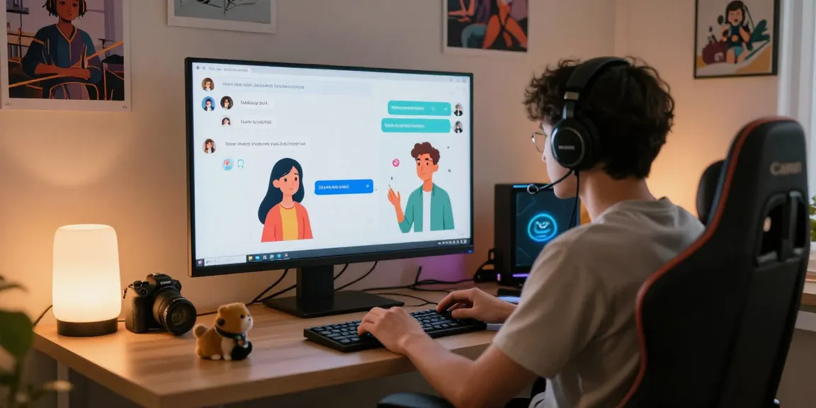 Engaging user chat with an innovative nsfw ai character in a cozy tech setting.