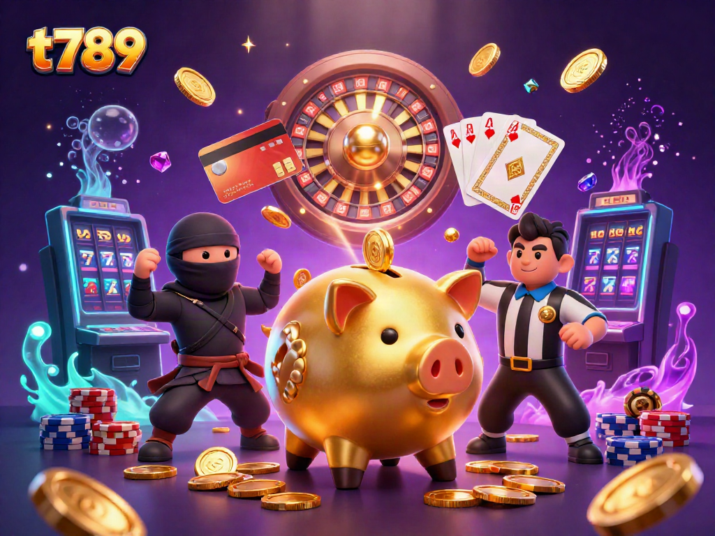 Experience the excitement of t789 with a dynamic scene of casino characters and golden coins.