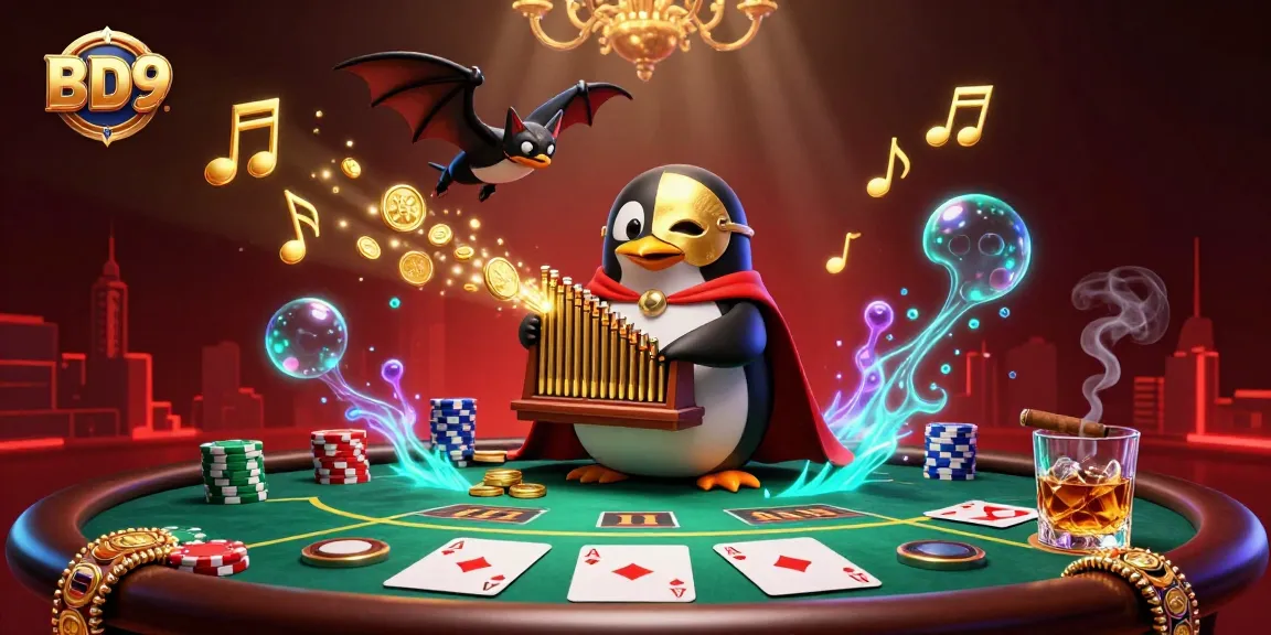 Experience the thrill of BD9 as a penguin plays an organ shooting coins, enhancing the online gambling excitement.