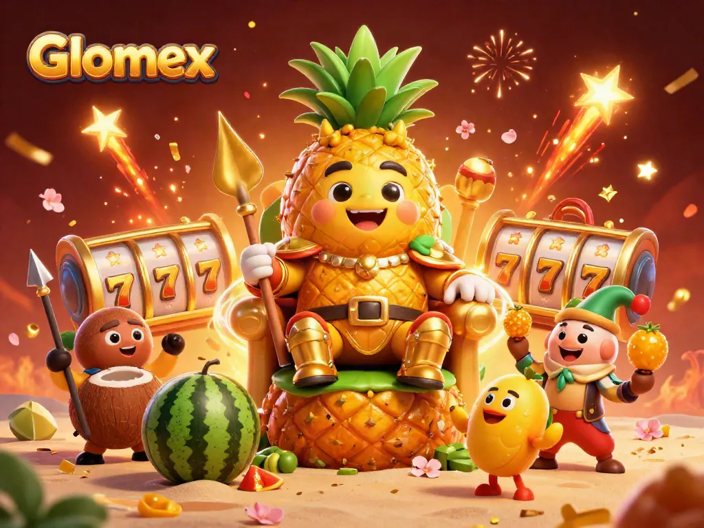 Engaging scene of Glomex beach casino featuring a golden pineapple king and gaming elements.