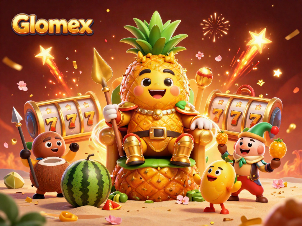 Engaging scene of Glomex beach casino featuring a golden pineapple king and gaming elements.