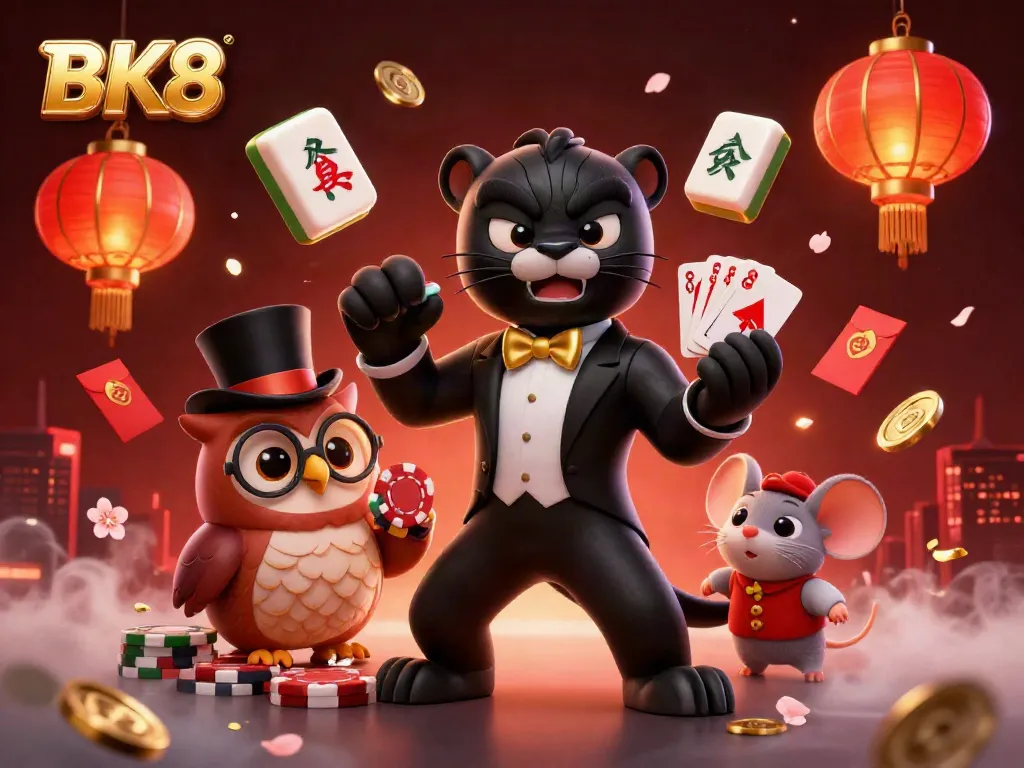 Engage in thrilling card games at BK8, illustrated with vibrant characters and casino elements.