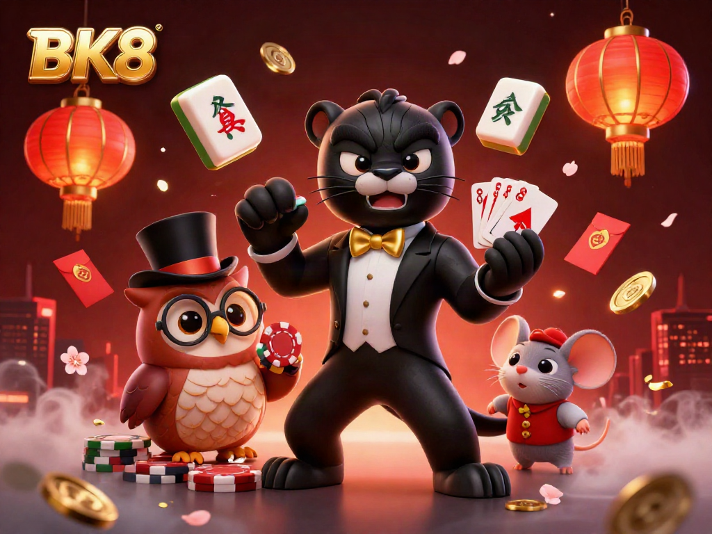 Engage in thrilling card games at BK8, illustrated with vibrant characters and casino elements.