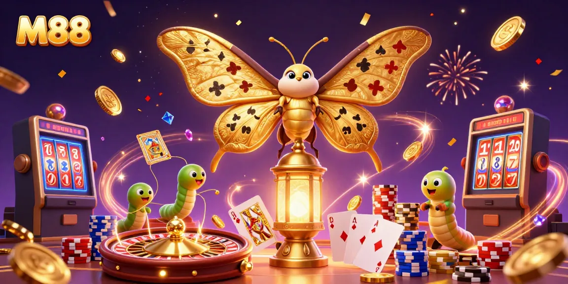Engage with M88's vibrant 3D casino scene featuring magical moths and glittering chips.