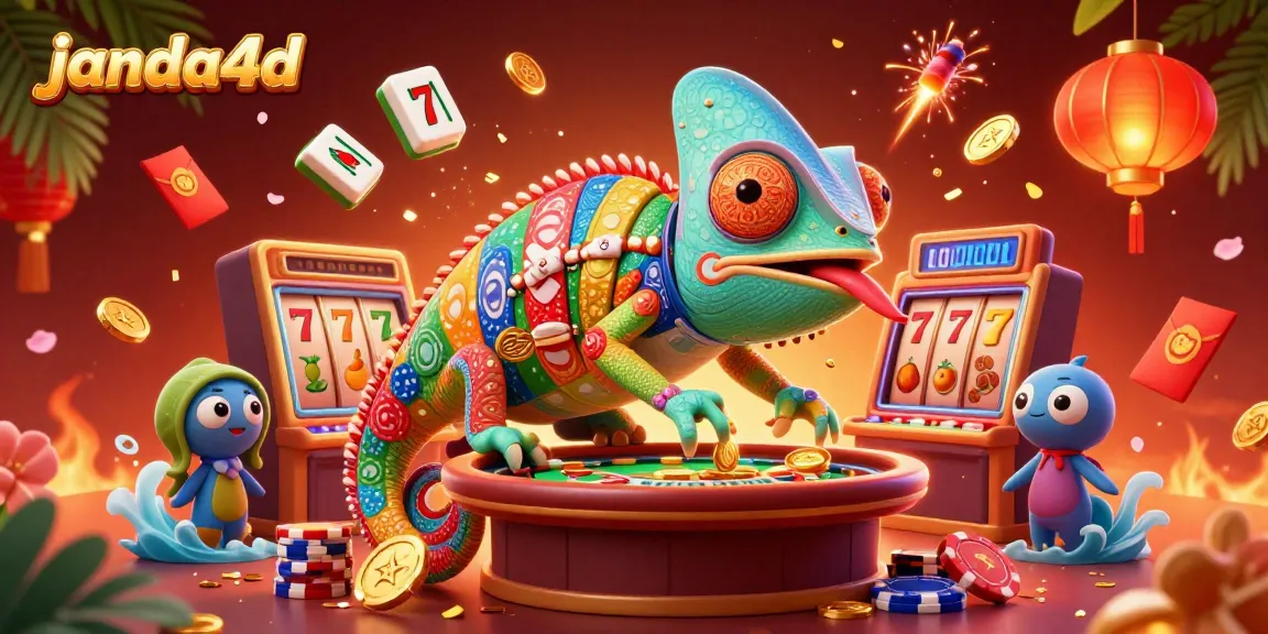 Menggoda peluang dengan Janda4d, chameleon kasino dan simbol keberuntungan di sekelilingnya.