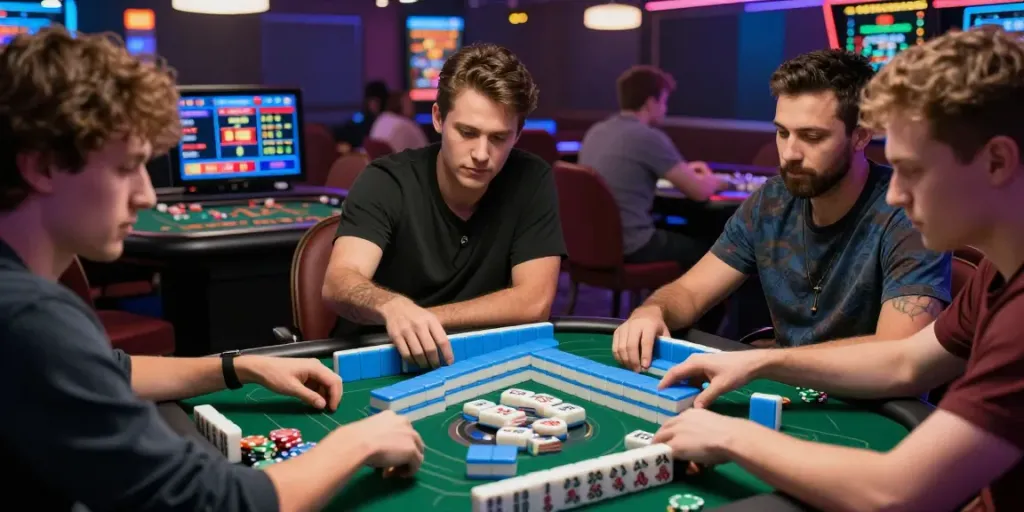 Permainan slot mahjong yang menarik dengan pemain fokus di meja kasino modern.