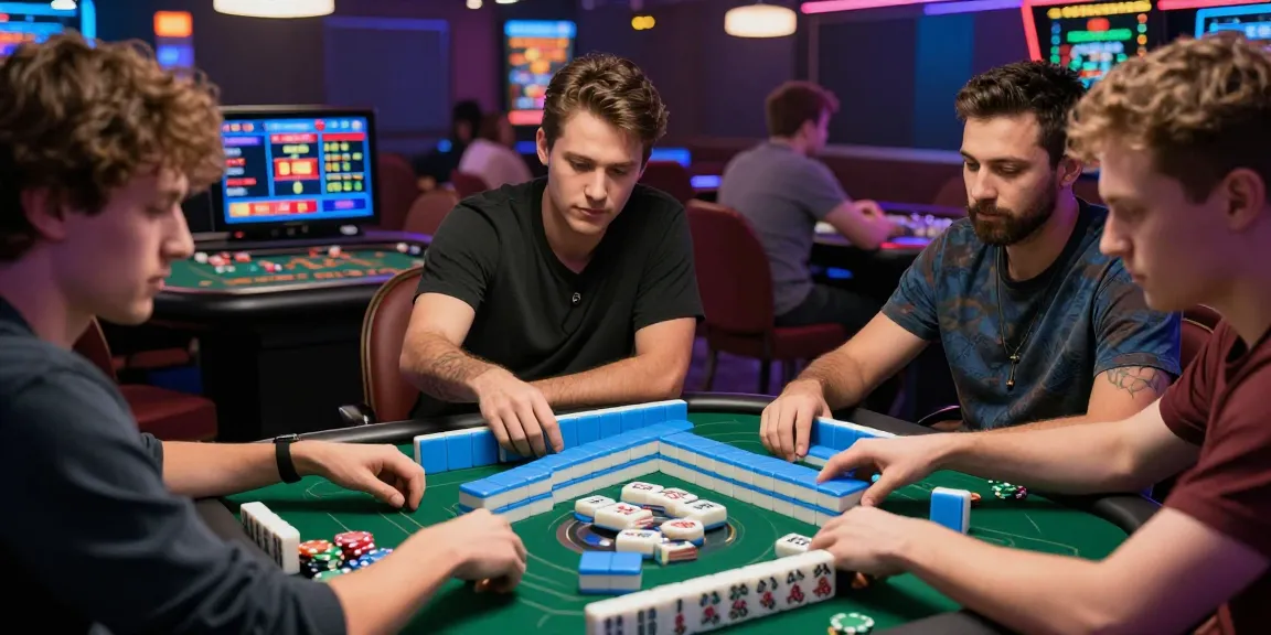Permainan slot mahjong yang menarik dengan pemain fokus di meja kasino modern.