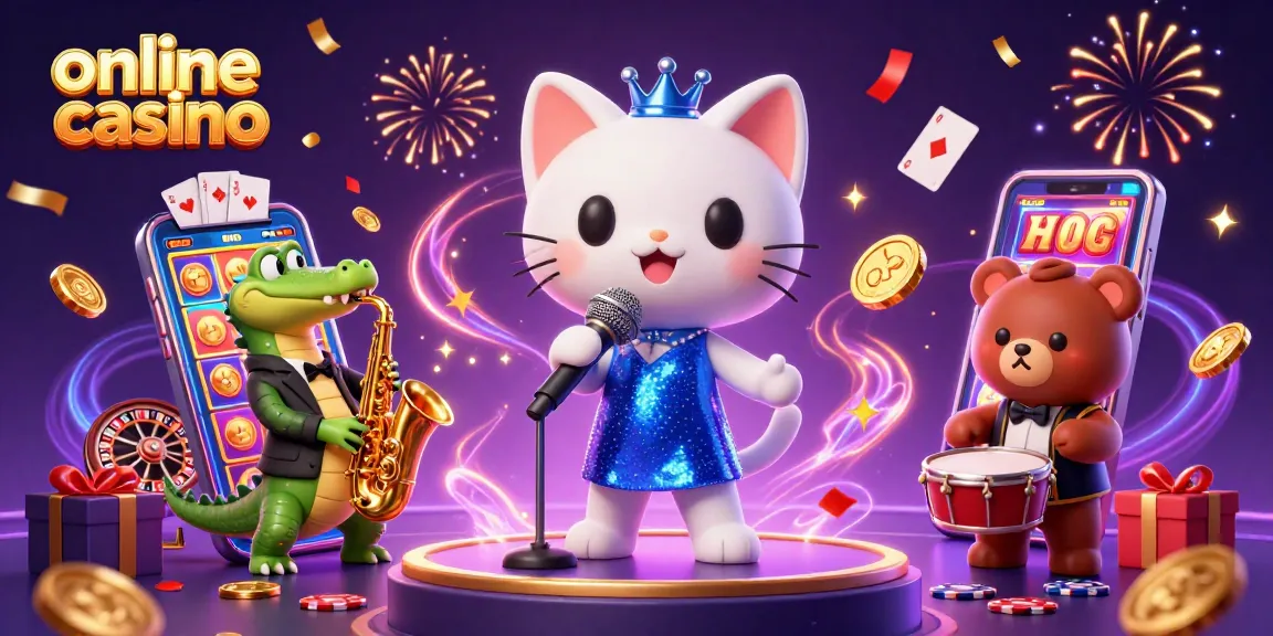 Join the fun at an online casino with a jazzy cat singer, sax crocodile, and drumming bear!