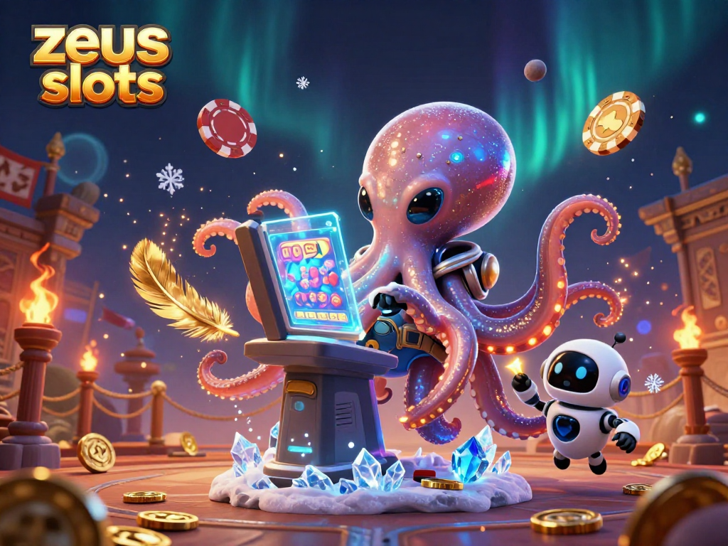 Experience thrilling zeus slots action with a vibrant alien octopus operating a holographic slot machine.