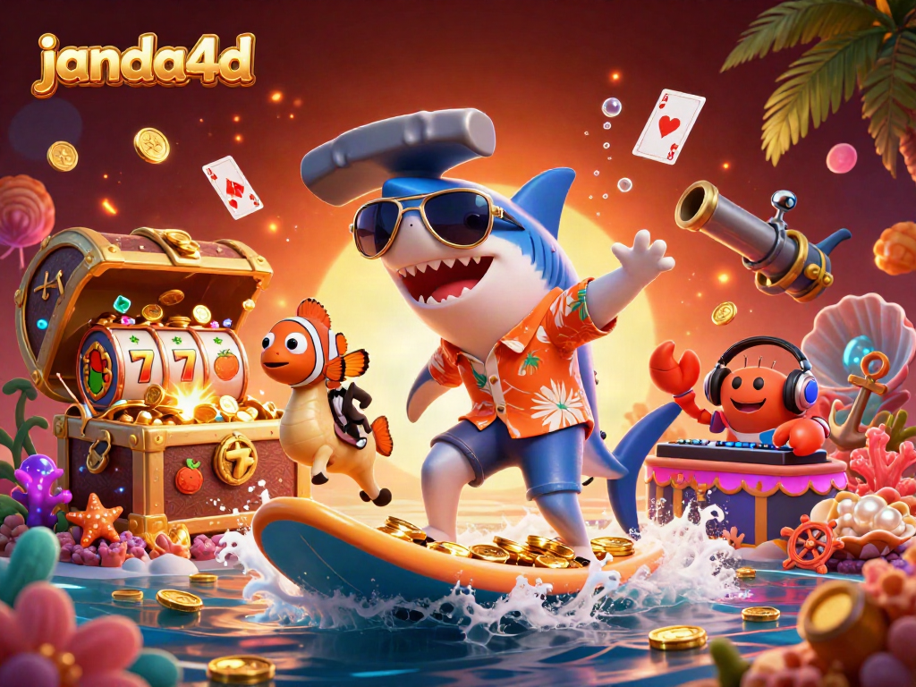 Slot dan jackpot dalam ilustrasi janda4d yang menampilkan hiu dan ikan badut dalam suasana berwarna-warni.