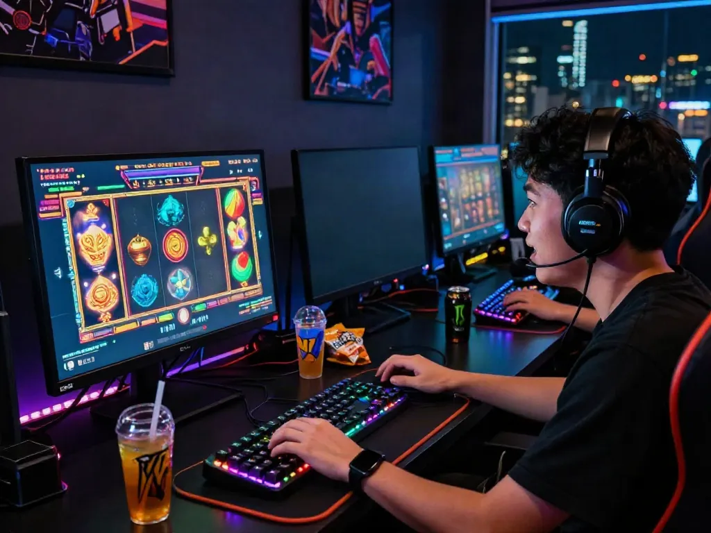 Player engaged in a vibrant slot server Thailand gaming experience with colorful digital graphics.