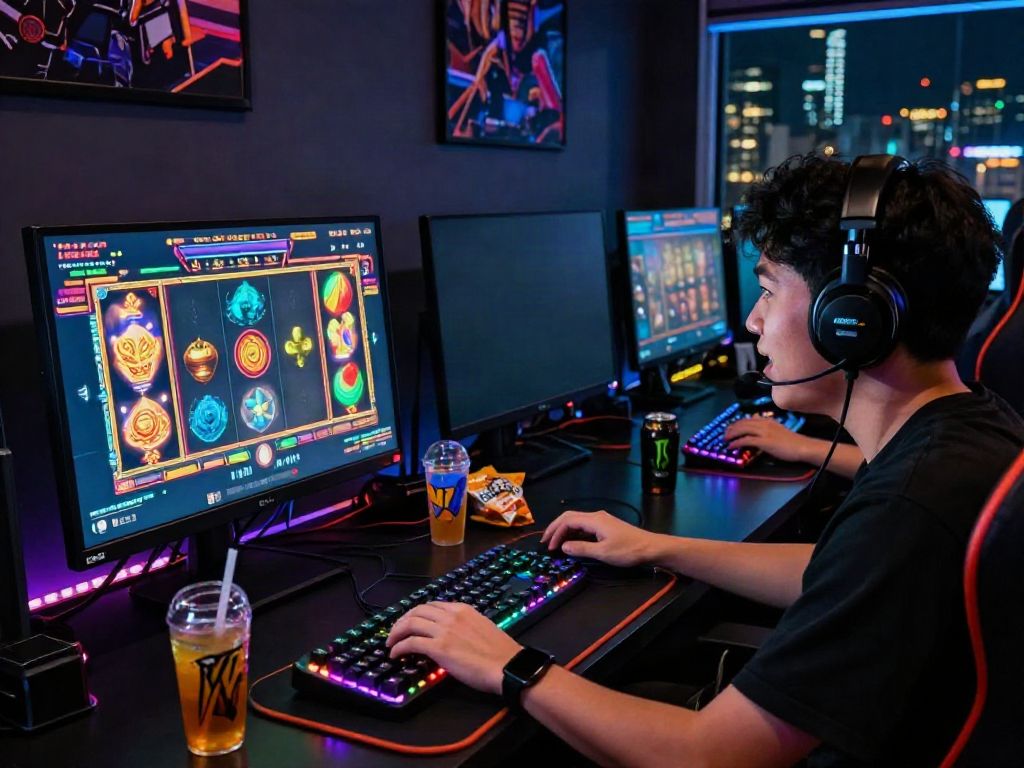 Player engaged in a vibrant slot server Thailand gaming experience with colorful digital graphics.
