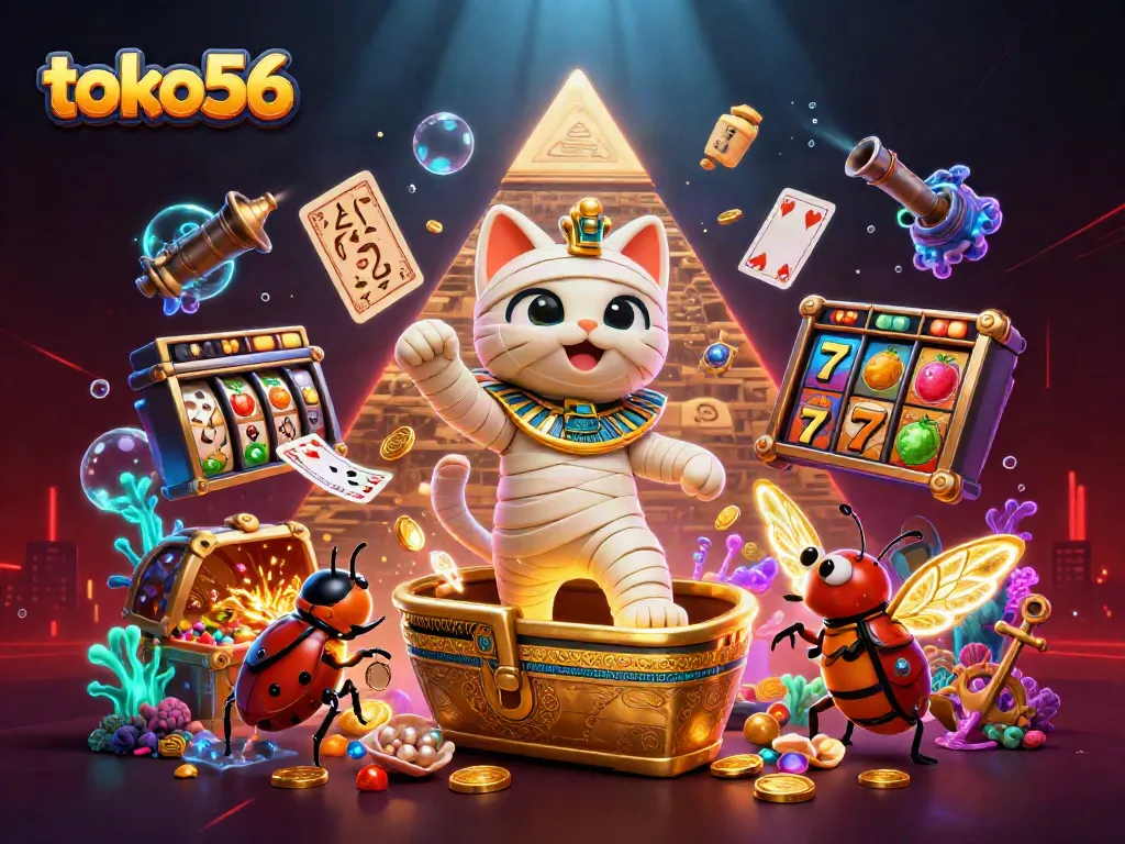 Permainan slot toko56 dengan karakter unik kucing mumi dan efek cahaya yang menarik.