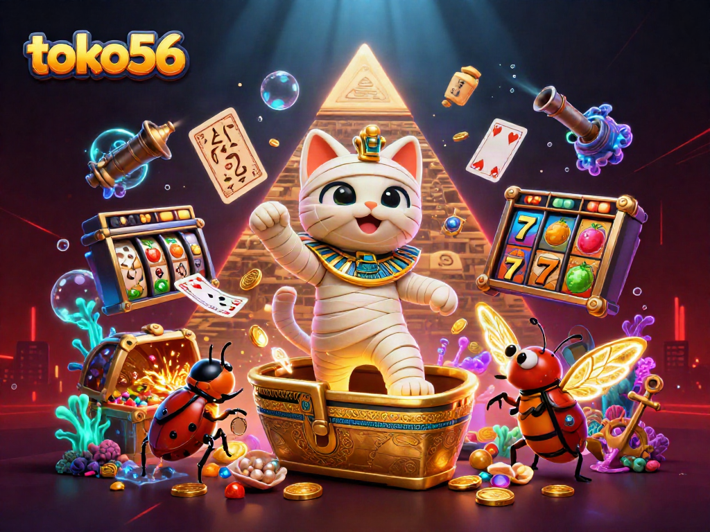Permainan slot toko56 dengan karakter unik kucing mumi dan efek cahaya yang menarik.
