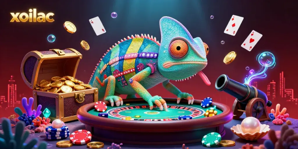 Xoilac the chameleon watches the action at a vibrant online casino full of colorful gaming elements.
