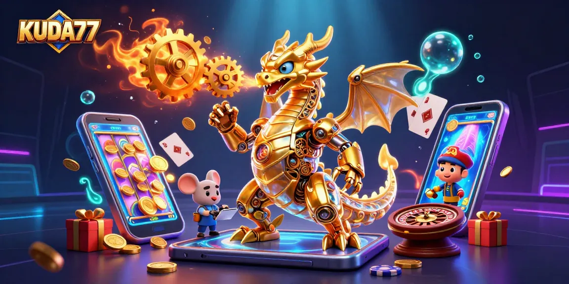 KUDA77 merayakan kemenangan besar dengan ilustrasi kasino yang penuh warna dan elemen game menarik.