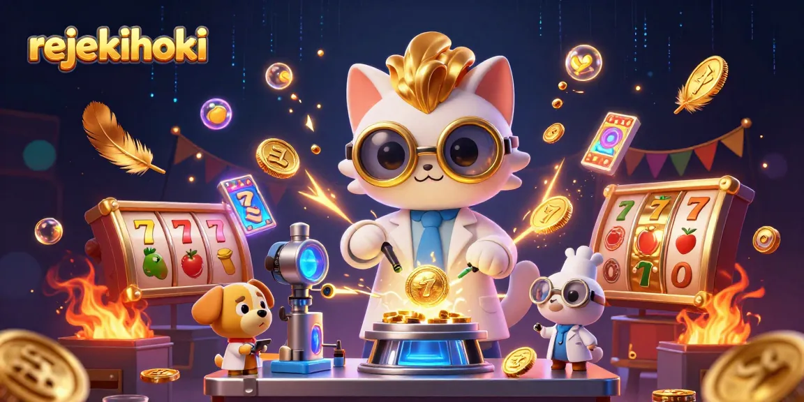 Experience winning strategies with rejekihoki in this vibrant casino illustration packed with slot elements and dynamic characters.