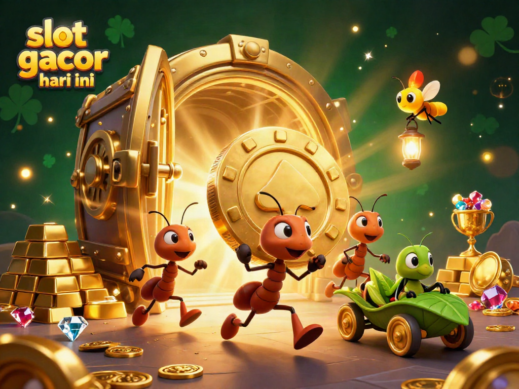 Ants executing a heist with a giant poker chip in a vibrant treasure-filled tunnel for slot gacor hari ini.