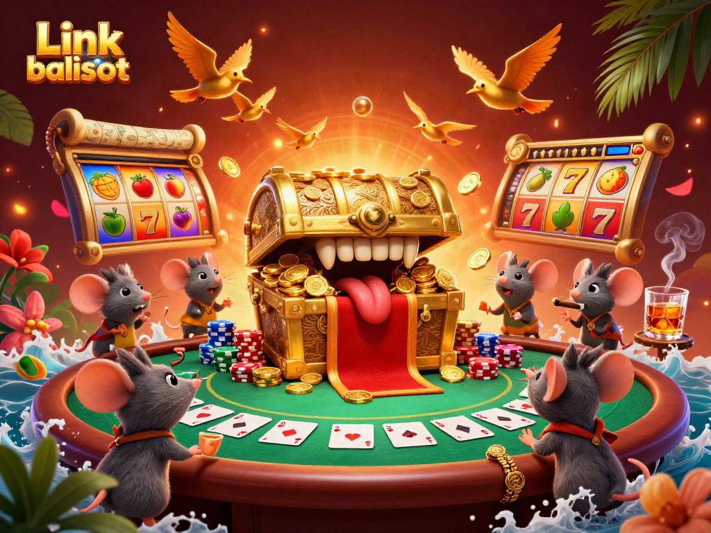 Engage in thrilling gameplay with Link balislot as adventurer mice approach a golden treasure chest in a vibrant casino scene.