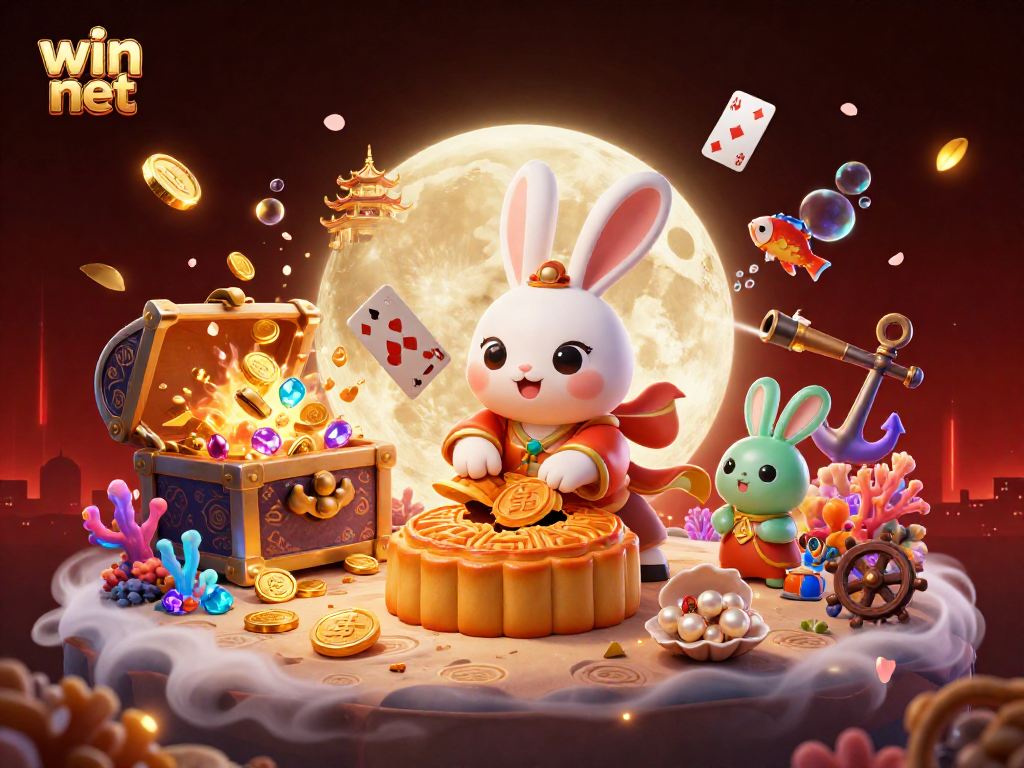 Experience the magic of win net with the moon rabbit and poker chips in a vibrant casino scene.