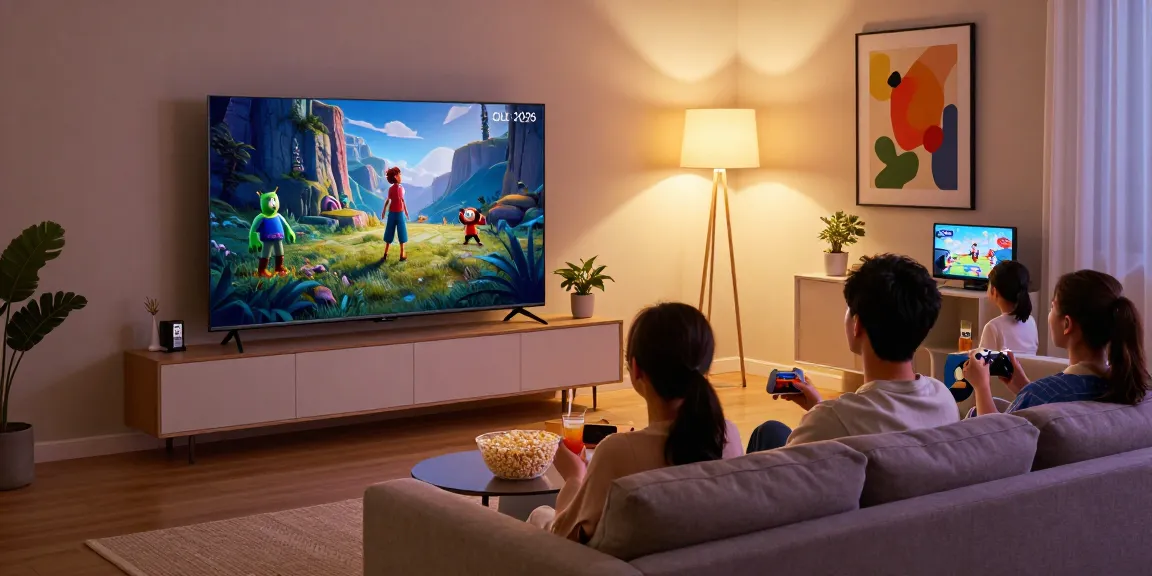 Cozy living room with a stylish OLED TV 2026 and family enjoying movie night in a warm atmosphere.