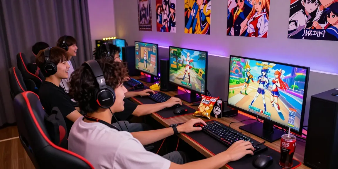 Friends enjoying an exciting hentai game on a computer, vibrant graphics visible, playful atmosphere.