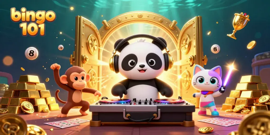 Experience live-action entertainment with bingo 101, featuring a DJ panda, dancing monkey, and kitten in a vibrant casino scene.