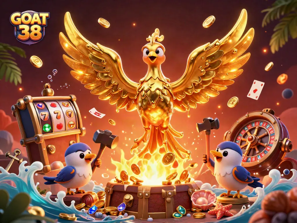 Experience excitement with GOAT 38's golden phoenix amid vibrant casino symbols and treasure!