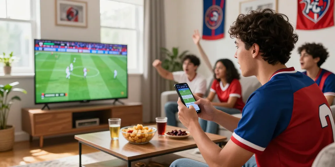 Fan watching live football match at home, ضغط هنا للمشاهدة on a smart TV.