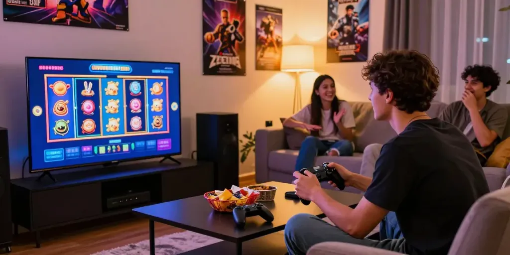 Experience the excitement of ทดลองสล็อต in a cozy living room filled with gaming elements and friends.