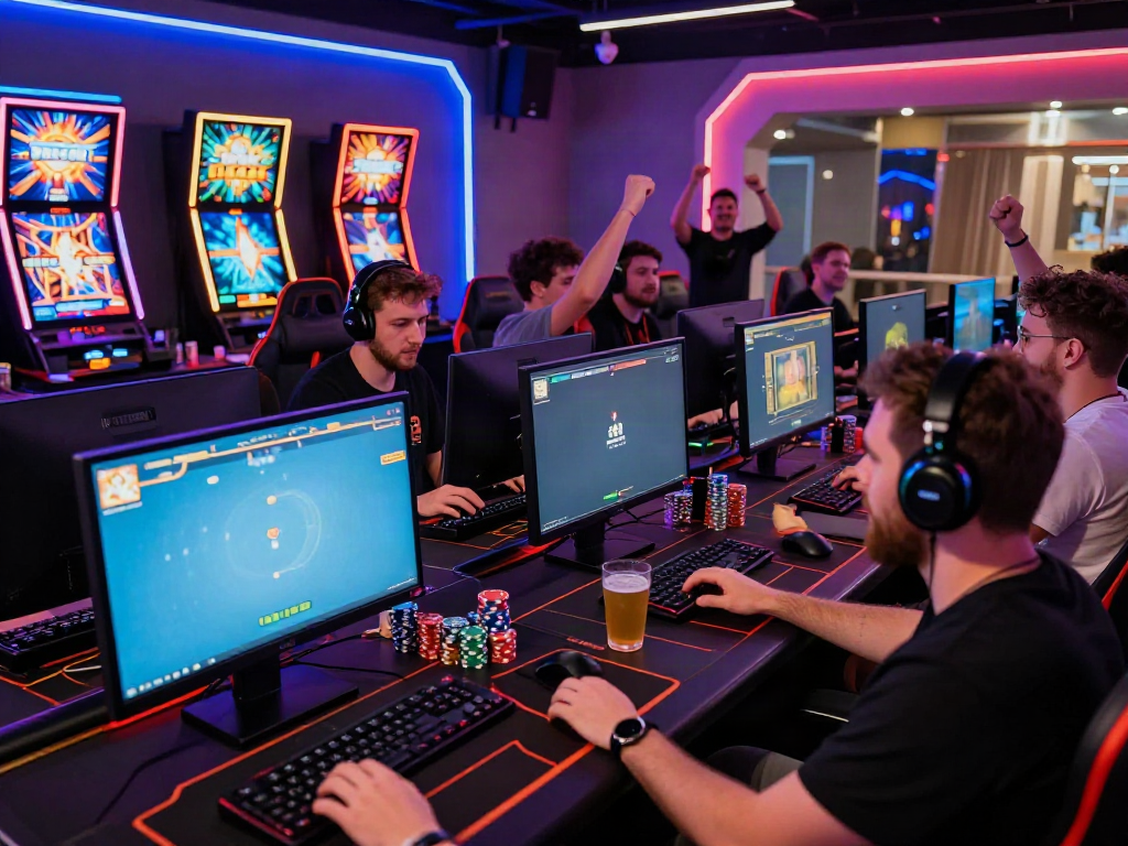 A dynamic gaming scene featuring akunjp slot gameplay with enthusiastic players immersed in action and colorful visuals.