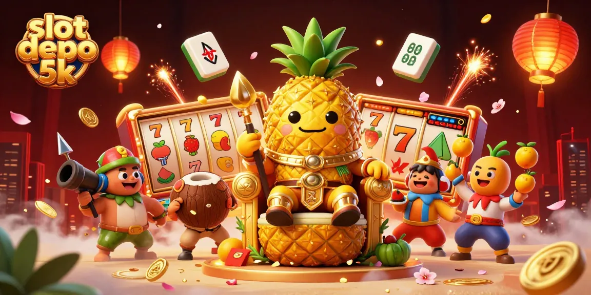 Experience the excitement of slot depo 5k at an illustrated beach casino with vibrant characters and dynamic elements.