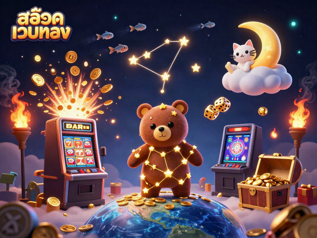 Engage with สล็อตเว็บตรง in a vibrant casino scene filled with golden stars and jackpot excitement.