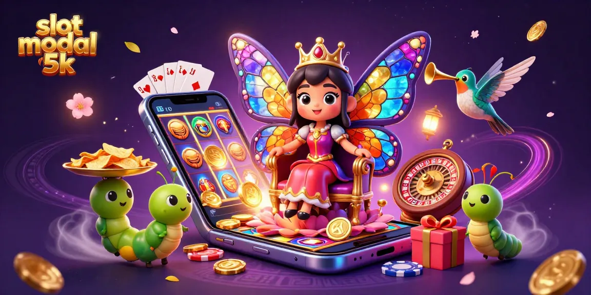 Engage with slot modal 5k excitement in this vibrant 3D casino illustration featuring a butterfly queen and golden chips.
