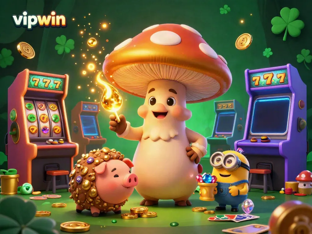 Experience the magic of vipwin with a golden wizard and treasure-hunting pig in a vibrant casino scene.