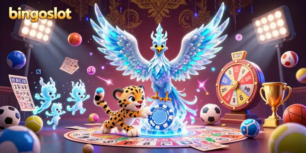 Bermain bingoslot dengan gambar kartun yang menampilkan phoenix es dan kartu bingo di tengah aksi.