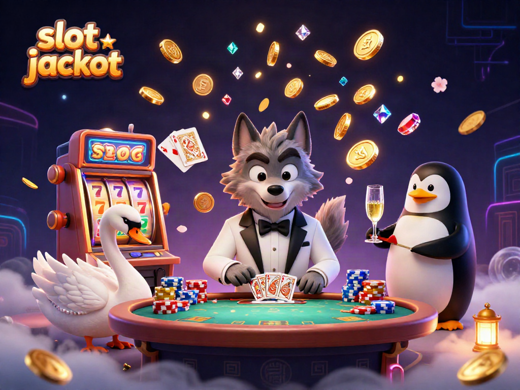 Slot jackpot yang memukau dengan karakter kasino kartun dan elemen permainan seru.
