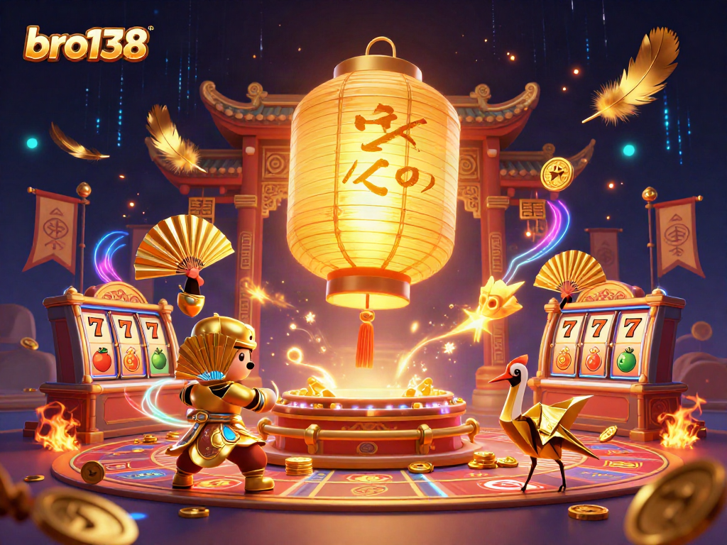 Experience excitement at bro138 with dynamic scenes of golden lanterns and vibrant casino symbols.