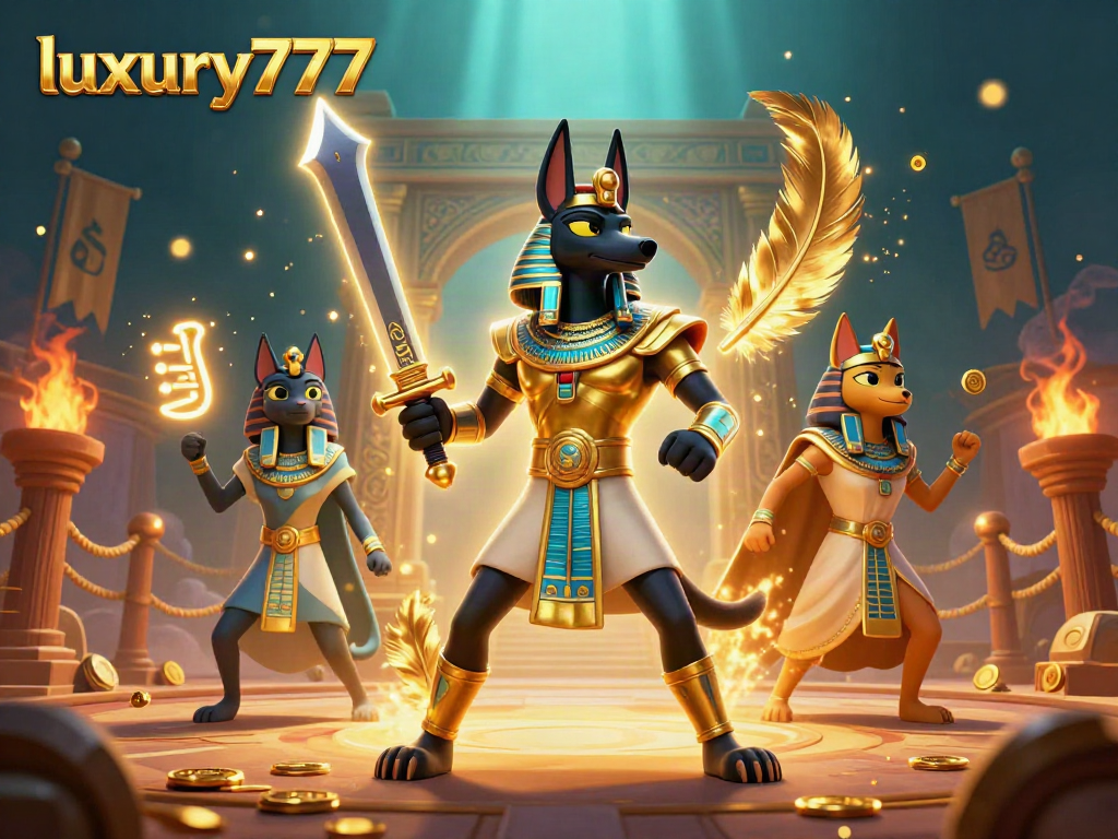 Mainan kasino luxury777 dengan karakter Anubis dan Bastet dalam arena pertarungan.